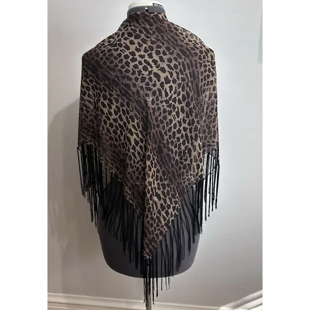 Cejon Brown Animal Print Wrap Shawl Fringe Trim Cheetah Sheer Going Out Boho